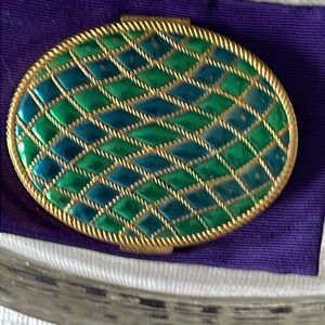 Avon blue and green on gold-tone base vintage mirrored compact w/o product
